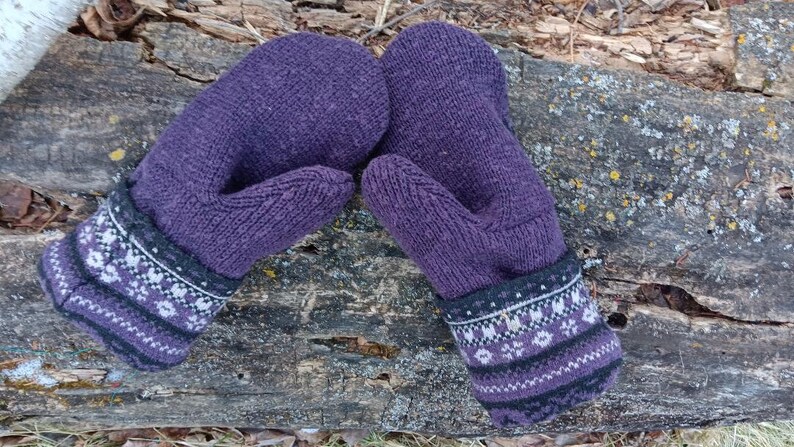 Warm Sweater Mittens Purple and Black Nordic Unique Women's Mittens Recycled from Sweaters Upcycled Gifts for Her Minnesota Made image 4