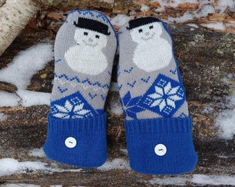 Warm Sweater Mittens | Snowmen on Blue and Gray | Unique Women's Mittens Recycled from Sweaters | Upcycled Gifts for Her | Minnesota Made