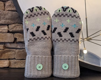 Cozy Sweater Mittens | Gray and Green Nordic | Unique Women's Mittens Recycled from Sweaters | Upcycled Gifts for Her | Minnesota Made