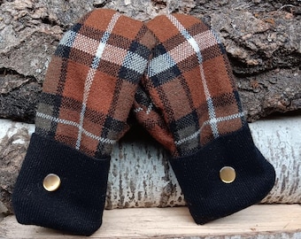 Warm Homemade Sweater Mittens | Brown Plaid | Unique Women's Mittens Recycled from Sweaters | Upcycled Gifts for Her | Minnesota Made