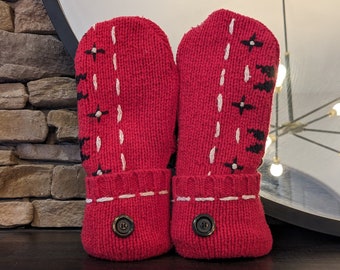 Warm Sweater Mittens | Red Stitches | Unique Women's Mittens Recycled from Sweaters | Upcycled Gifts for Her | Minnesota Made