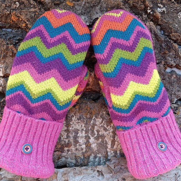 Cozy Sweater Mittens | fun bright zigzags | Women's Mittens Recycled from Sweaters | Upcycled Gifts for Her | Minnesota Made