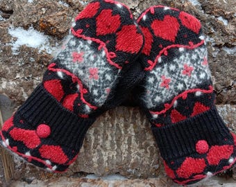 Warm Sweater Mittens | Red and Black Hearts | Unique Women's Mittens Recycled from Sweaters l Upcycled Gifts for Her | Minnesota Made