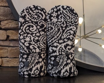 Cozy Sweater Mittens | Black and White Paisley | Unique Women's Mittens Recycled from Sweaters | Upcycled Gifts for Her | Minnesota Made
