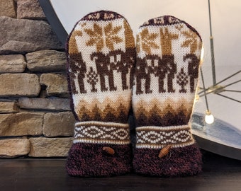 Cozy Sweater Mittens | Brown Llamas | Unique Women's Mittens Recycled from Sweaters | Upcycled Gifts for Her | Minnesota Made