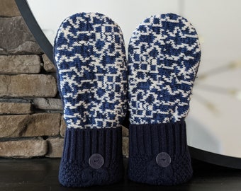 Cozy Sweater Mittens | Blue and White Abstract | Unique Women's Mittens Recycled from Sweaters | Upcycled Gifts for Her | Minnesota Made