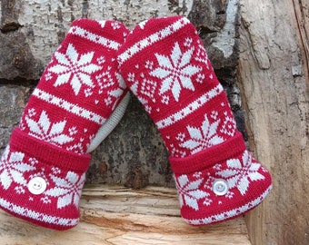 Warm Sweater Mittens | Red and White Nordic | Unique Women's Mittens Recycled from Sweaters | Upcycled Gifts for Her | Minnesota Made