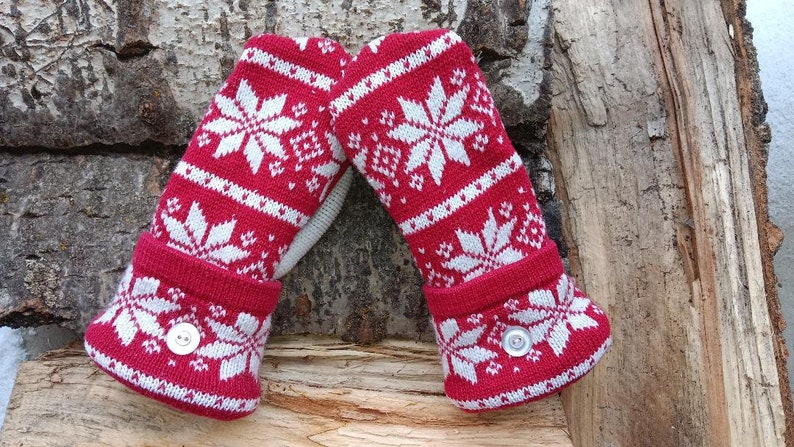 Warm Sweater Mittens Red and White Nordic Unique Women's Mittens Recycled from Sweaters Upcycled Gifts for Her Minnesota Made image 1