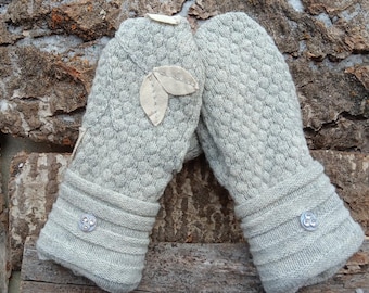Warm Sweater Mittens | gray with appliqued leaves | Unique Women's Mittens Recycled from Sweaters | Upcycled Gifts for Her | Minnesota Made