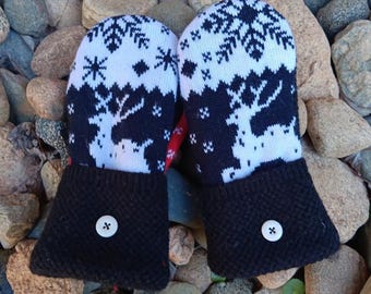 Cozy Sweater Mittens | Black, white and red Reindeer pattern | Women's Mittens Recycled from Sweaters | Upcycled Gifts for Her