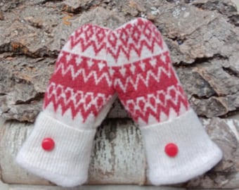Cozy Sweater Mittens | Red and white Nordic | Women's Mittens Recycled from Sweaters | Upcycled Gifts for Her | Minnesota Made