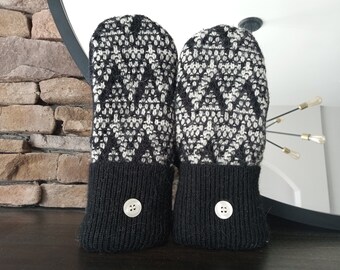 Cozy Sweater Mittens | Black and White Chevron | Unique Women's Mittens Recycled from Sweaters | Upcycled Gifts for Her | Minnesota Made