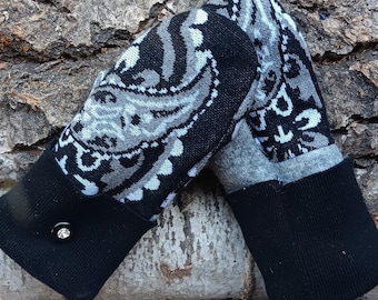 Cozy Sweater Mittens | gray, black and white paisley  | Unique Women's Mittens Recycled from Sweaters | Upcycled Gifts | Minnesota Made