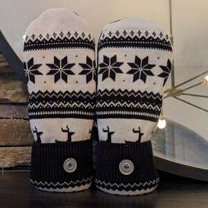 Cozy Sweater Mittens | Black & White Nordic Snowflake | Women's Mittens Recycled from Sweaters | Upcycled Gifts for Her | Minnesota Made