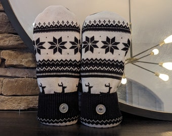 Cozy Sweater Mittens | Black & White Nordic Snowflake | Women's Mittens Recycled from Sweaters | Upcycled Gifts for Her | Minnesota Made