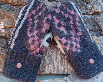 Cozy Sweater Mittens | gray, silver and wine | Unique Women's Mittens Recycled from Sweaters | Upcycled Gifts for Her | Minnesota Made