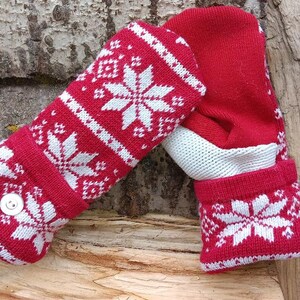 Warm Sweater Mittens Red and White Nordic Unique Women's Mittens Recycled from Sweaters Upcycled Gifts for Her Minnesota Made image 3