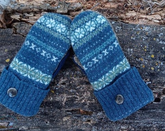 Cozy Sweater Mittens | Green and Blue Nordic | Unique Women's Mittens Recycled from Sweaters | Upcycled Gifts for Her | Minnesota Made