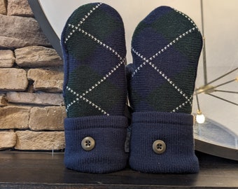 Cozy Sweater Mittens | Blue and Green Argyle | Unique Women's Mittens Recycled from Sweaters | Upcycled Gifts for Her | Minnesota Made