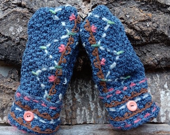 Cozy Sweater Mittens | Blue with embroidery l Unique Women's Mittens Recycled from Sweaters | Gifts for Her | Minnesota Made