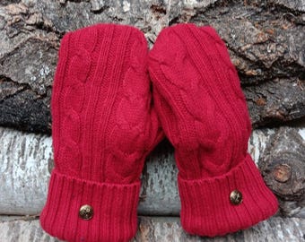 Warm Sweater Mittens | solid red cable | Women's Mittens Recycled from Sweaters | Upcycled Gifts for Her | Minnesota Made