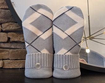 Cozy Sweater Mittens | Blue and White Argyle | Unique Women's Mittens Recycled from Sweaters | Upcycled Gifts for Her | Minnesota Made