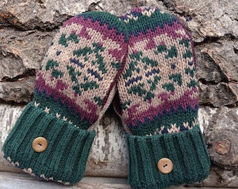 Warm Sweater Mittens | Green and burgundy | Unique Women's Mittens Recycled from Sweaters | Upcycled Gifts for Her | Minnesota Made