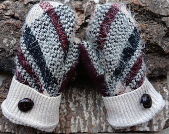 Warm Sweater Mittens | Cream and Maroon Mohair | Unique Women's Mittens Recycled from Sweaters | Upcycled Gifts for Her | Minnesota Made