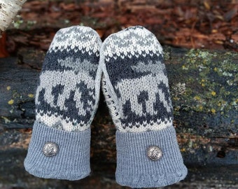 Warm Sweater Mittens | Gray moose pattern | Unique Women's Mittens Recycled from Sweaters | Upcycled Gifts for Her | Minnesota Made
