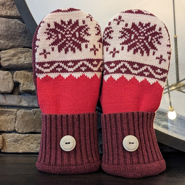 Cozy Sweater Mittens | Red Nordic Snowflakes | Women's Mittens Recycled from Sweaters | Upcycled Gifts for Her | Minnesota Made