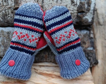 Warm Sweater Mittens | gray, red and Navy | Unique Women's Mittens Recycled from Sweaters | Upcycled Gifts for Her | Minnesota Made