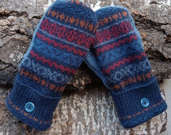 Cozy Sweater Mittens | Blue Fair Isle | Unique Women's Mittens Recycled from Sweaters | Upcycled Gifts for Her | Minnesota Made