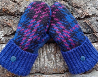 Warm Sweater Mittens | Blue and pink plaid | Unique Women's Mittens Recycled from Sweaters | Upcycled Gifts for Her | Minnesota Made