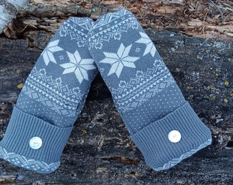 Warm  Sweater Mittens | Gray and white Nordic | Unique Women's Mittens Recycled from Sweaters | Upcycled Gifts for Her | Minnesota Made