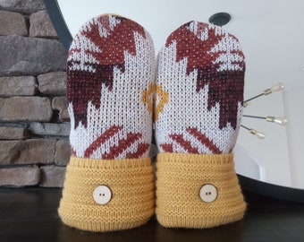 Warm Sweater Mittens | Maroon and Gold Tribal | Women's Mittens Recycled from Sweaters | Upcycled Gifts for Her | Minnesota Made