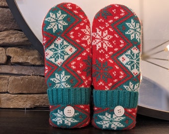 Cozy Sweater Mittens | Red and Green Nordic | Unique Women's Mittens Recycled from Sweaters | Upcycled Gifts for Her | Minnesota Made