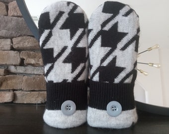 Cozy Sweater Mittens | Black & Gray Houndtooth | Unique Women's Mittens Recycled from Sweaters | Upcycled Gifts for Her | Minnesota Made