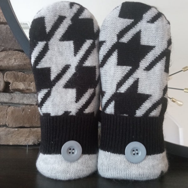 Cozy Sweater Mittens | Black & Gray Houndtooth | Unique Women's Mittens Recycled from Sweaters | Upcycled Gifts for Her | Minnesota Made