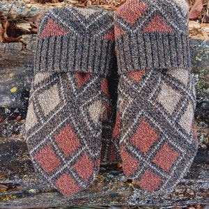 Men or Unisex Large Mittens Brown argyle Recycled from Sweaters Upcycled Gifts for Him Minnesota Made image 2