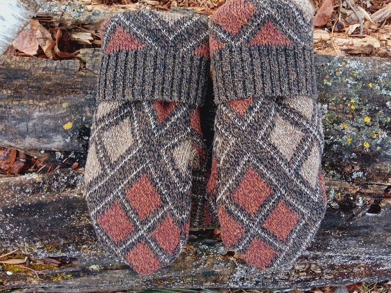 Men or Unisex Large Mittens Brown argyle Recycled from Sweaters Upcycled Gifts for Him Minnesota Made image 2