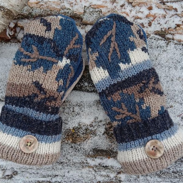 Warm Sweater Mittens | Blue and tan Leaf pattern | Unique Women's Mittens Recycled from Sweaters | Upcycled Gifts for Her | Minnesota Made