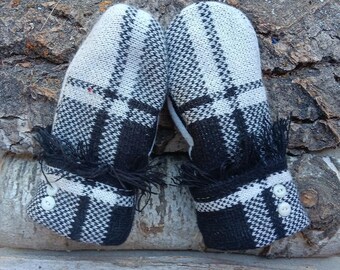 Cozy Sweater Mittens | Black and white plaid with fringe | Women's Mittens Recycled from Sweaters | Upcycled Gifts for Her | Minnesota Made