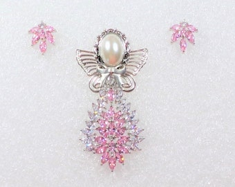 Simulated Pink Crystal and White Diamond Angel Pin and Matching Earrings,  Crystal Angel Brooch and Earrings