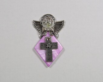 Easter Angel Pin, Christian Angel Pin, Lavender Cross Angel Pin, He Has Risen Angel Pin