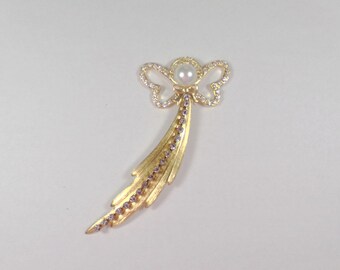 Long Gold and Clear White Rhinestones Angel Pin