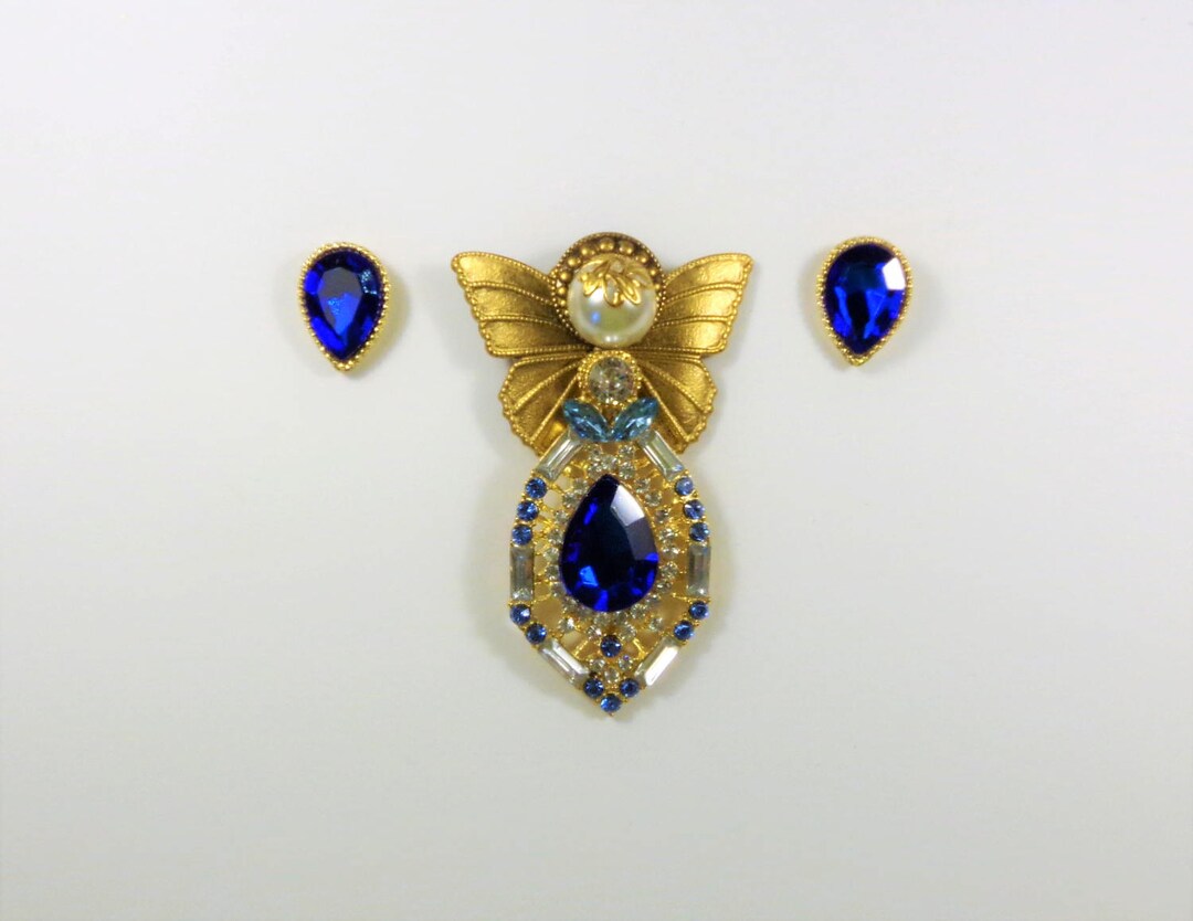 Gold and Blue Crystal Angel Pin and Pierced Earrings - Etsy