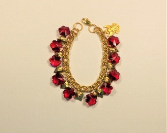 Red and Gold Snowflakes and Leaves Christmas Bracelet, Snowflake Charm Bracelet