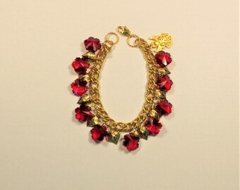 Red Snowflake and Gold Hearts Charm Bracelet with Angel, Red Glass Crystal Snowflakes and Gold Hearts Charm Bracelet