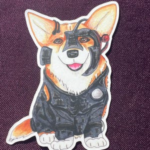 May include: A sticker featuring a corgi dog with orange and white fur, wearing a black cybernetic mask and jacket. The dog is smiling with its tongue out. The sticker has a white border and is set against a purple background.