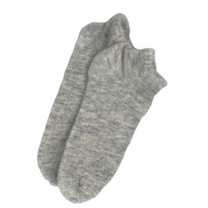 May include: A pair of light gray ankle socks. The socks have a heathered pattern, with a mix of light and dark gray threads. The socks are made of a soft, comfortable material.
